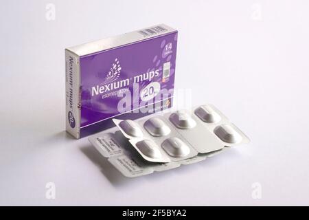 Kuala Lumpur, Malaysia - Mar 24th, 2021. Box of 14 tablets of Nexium mups esomeprazole 20 mg. Treats heart burn and acid reflux. Manufactured by Astra Stock Photo