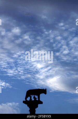 Statue depicting mythological story of twin brothers Romulus and Remus being suckled by a wolf in Italy Stock Photo