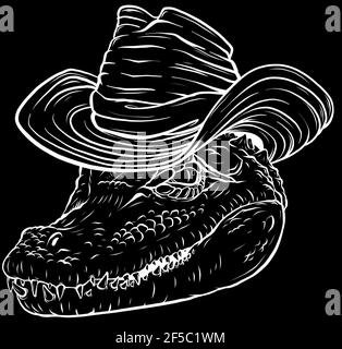 white silhouette of ferocious alligator head with hat on black background Stock Vector