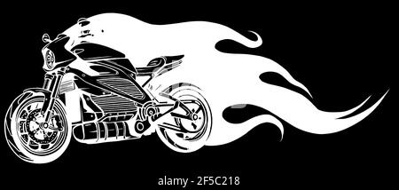 white silhouette of Motorcycle Racing with Fire on black background Stock Vector