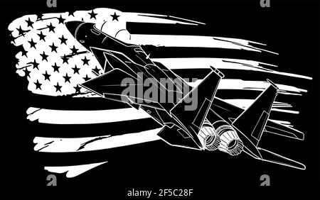 white silhouette of Military fighter jets with american flag on black background Stock Vector