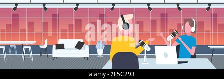 podcasters talking to microphones recording podcast in studio podcasting online radio concept man in headphones interviewing woman broadcasting Stock Vector