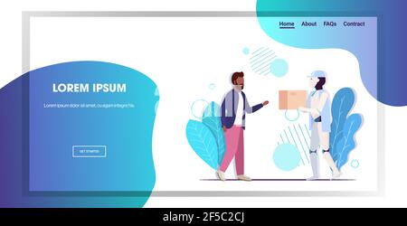 modern robot delivering cardboard parcel box to man recipient artificial intelligence technology delivery service concept horizontal full length copy Stock Vector