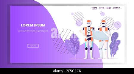 two robots architects in uniform holding blueprints artificial intelligence technology architect concept horizontal copy space full length Stock Vector