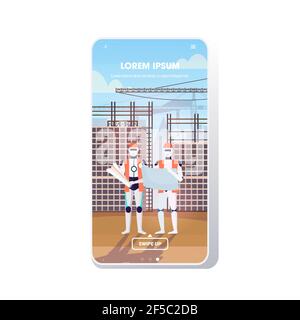 two robots architects in uniform holding blueprints artificial intelligence technology architect concept construction site background smartphone Stock Vector