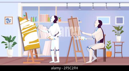 robots painters using paintbrush and palette robotic artists in front of easel art creativity artificial intelligence technology concept modern Stock Vector