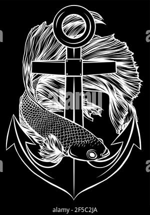 white silhouette of fish around the anchor on black background Stock Vector