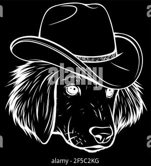 white silhouette of gangster dog with fedora hat on black background Stock Vector