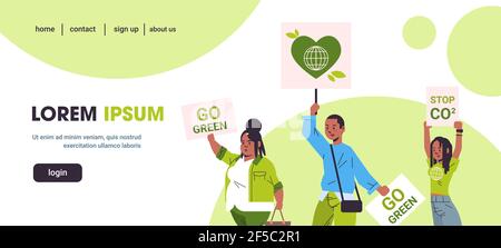 activists holding posters go green stop CO2 save planet strike concept african american protesters campaigning to protect earth demonstrating against Stock Vector