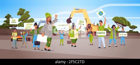 activists holding posters go green save planet strike concept mix race protesters campaigning to protect earth demonstrating against global warming Stock Vector