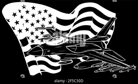 white silhouette of Military fighter jets with american flag. Vector illustration Stock Vector