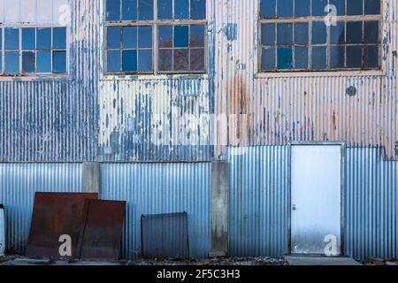 The outside wall of an old rundown building in North Judson, Indiana, USA. Stock Photo