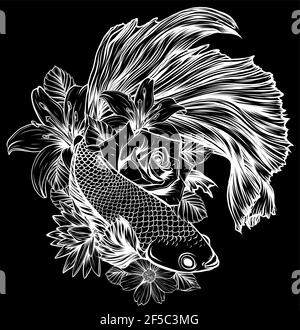 white silhouette of fish betta splendens with flowers vector illustration Stock Vector