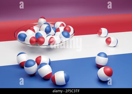 3d illustration of balls with the image of the national flag of the Netherlands  on an isolated background. State symbol and patriotic Stock Photo