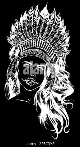 white silhouette of Beautiful girl in a headdress of North American Indians. Stock Vector