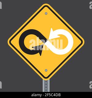 Infinity warning highway or road sign. Vector illustration of road danger sign showing converging twisted arrow lines making infinity symbol. Stock Vector