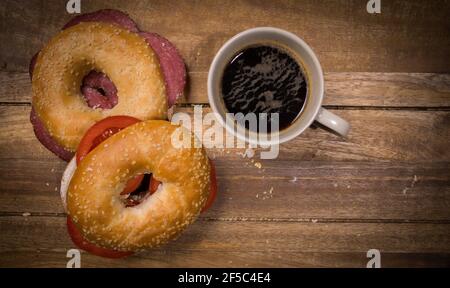 Coffee and bagels for breakfast - top down view Stock Photo