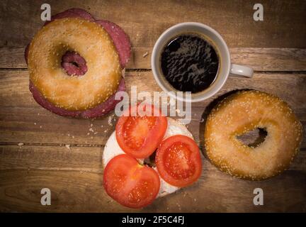 Coffee and bagels for breakfast - top down view Stock Photo