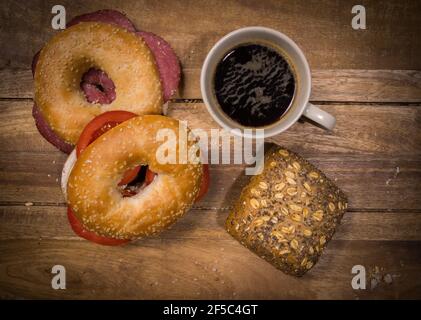 Coffee and bagels for breakfast - top down view Stock Photo