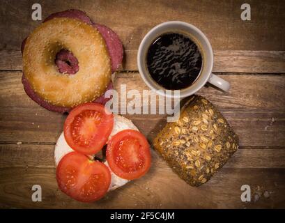 Coffee and bagels for breakfast - top down view Stock Photo