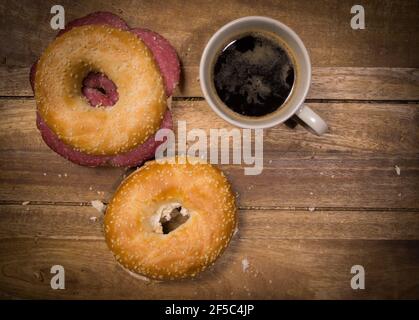 Coffee and bagels for breakfast - top down view Stock Photo