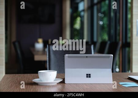 CHIANGMAI, THAILAND - OCT 15, 2020 : Microsoft Surface tablet on desk. created by Microsoft for Windows 10 Stock Photo