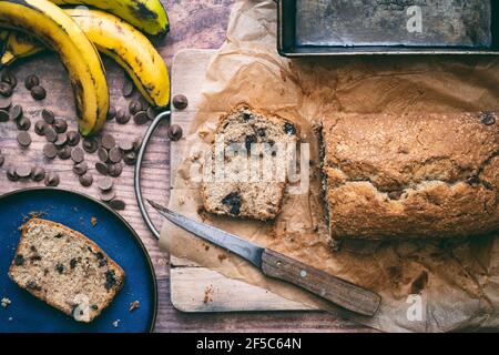 Homemade banana and chocolate chip cake Stock Photo