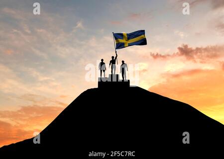 Sweden flag being waved on top of a winners podium. 3D Rendering Stock Photo