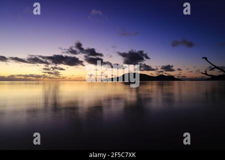 Sunset in Vanuatu with Nguna Island and a branch silhouetted against the sky Stock Photo