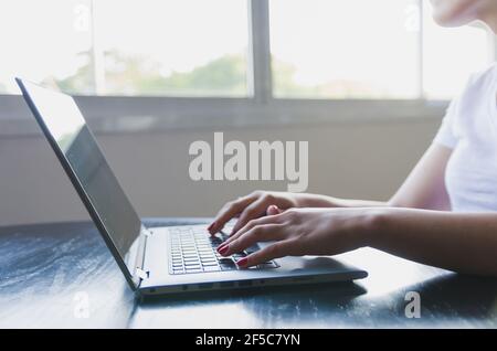 Young woman freelancer working on computer at home. Businesswoman studying online, using laptop software, web surfing information or shopping in inter Stock Photo