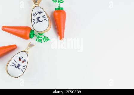 Colorful Easter eggs and other objects on a trendy white background for various Easter themed backgrounds Stock Photo