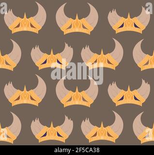 Seamless pattern with cartoon horned viking helmets in a row on dark background. Texture with the ammunition of the ancient warriors of the defenders. Stock Vector
