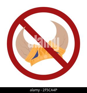 Cartoon horned viking helmet in prohibition sign. Stop the war. Ban on military action. Sticker for a security company. Warriors ammunition in a forbi Stock Vector