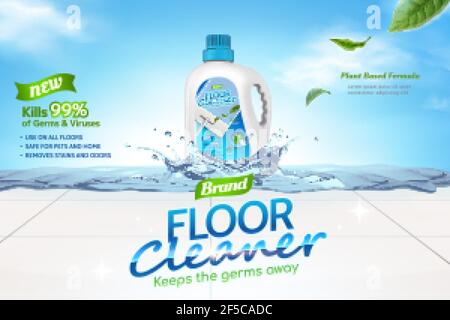 Floor cleaner ads, plant based formula of cleaner liquid with leaves elements and splashing water on tiled floor in 3d illustration, against sky backg Stock Vector