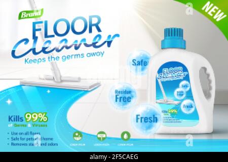 Floor cleaner ads, product package design with several efficacies in 3d illustration, mop cleaning tiled floor. Stock Vector