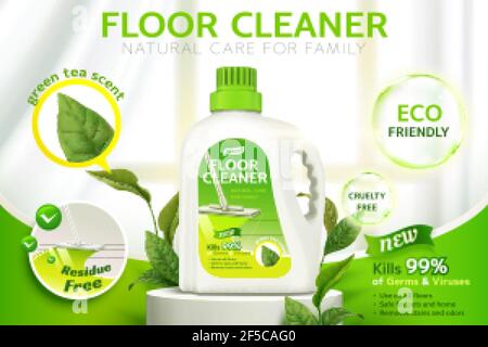 Floor cleaner ads, product package design on a stage with several efficacies and green leaves in 3d illustration Stock Vector