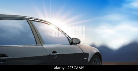 3D illustration of a generic black car with sun shining from behind, outdoors blue sky background Stock Vector
