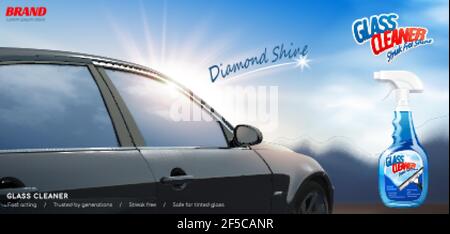 Glass cleaner ad banner. 3D illustration of a realistic car outdoors on a bright sunny day with cleaner spray bottle package Stock Vector