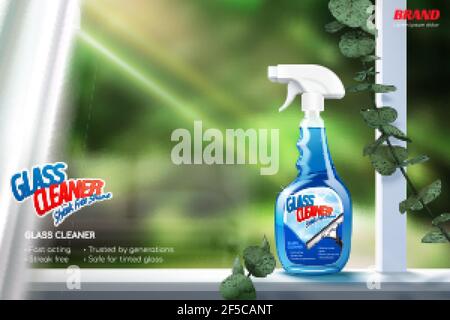 Glass cleaner promotion banner. Realistic window sill with bright sunlight and spray bottle. Stock Vector