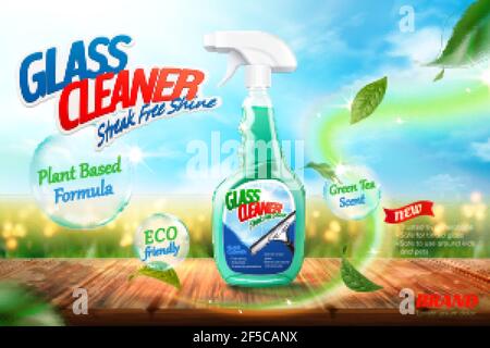 Glass cleaner ads, Package on wooden table with green tea leaves element flying on a farm background in 3d illustration. Stock Vector