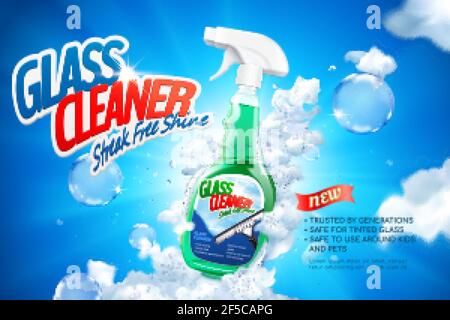 Glass cleaner ad banner in 3D illustration. Spray bottle package in foam and bubble against blue sky background Stock Vector