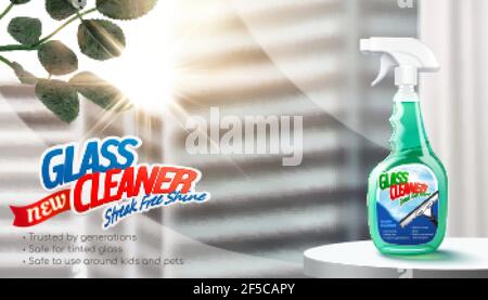 Glass cleaner ad in 3D illustration. Cleaner spray bottle package in stage against window and blur skyscrapers background Stock Vector