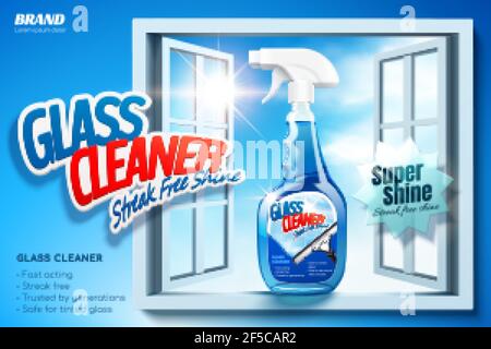 Glass cleaner ad banner in 3D illustration. Spray bottle package in window sill on blue background Stock Vector