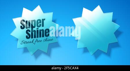 Star shaped glass design elements on blue background in 3d Illustration, super shine slogan for cleaning product Stock Vector