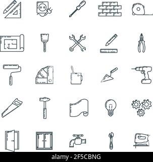 Big set of renovation house 25 icon, concept repair build tool stuff, instrument toolkit outline art flat vector illustration, isolated on white. Reco Stock Vector