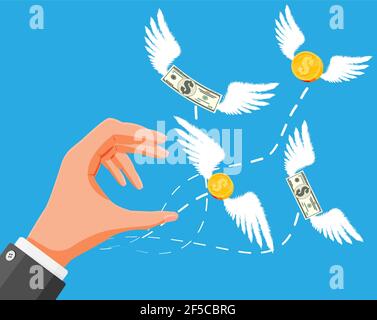 Dollars and coins with wings flying away from hand Stock Vector