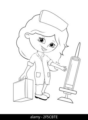 Cartoon little girl dressed in doctor's clothes. A girl holds a syringe and a doctor's suitcase in her hands. Nurse. Coloring. Stock Vector