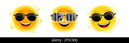 Funny sun. Yellow Cute sunshine set. Childish sun joy. Smiling sun with sunbeams cartoon character. T shirt print design element. Vector illustration Stock Vector