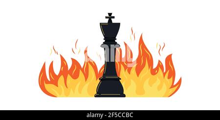 Chess piece king on burning fire vector icon isolated on white background. Stock Vector