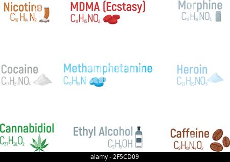 Set of concept 9 narcotic chemical formula icon label, text font vector illustration, isolated on white. Periodic element table, addictive drug stuff. Stock Vector